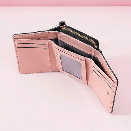 Fashionable Letter Printed Tri-Fold Compact Ladies Wallet Retro Style Card Holder PU Leather Synthetic Interior Daily Use PlatiNum