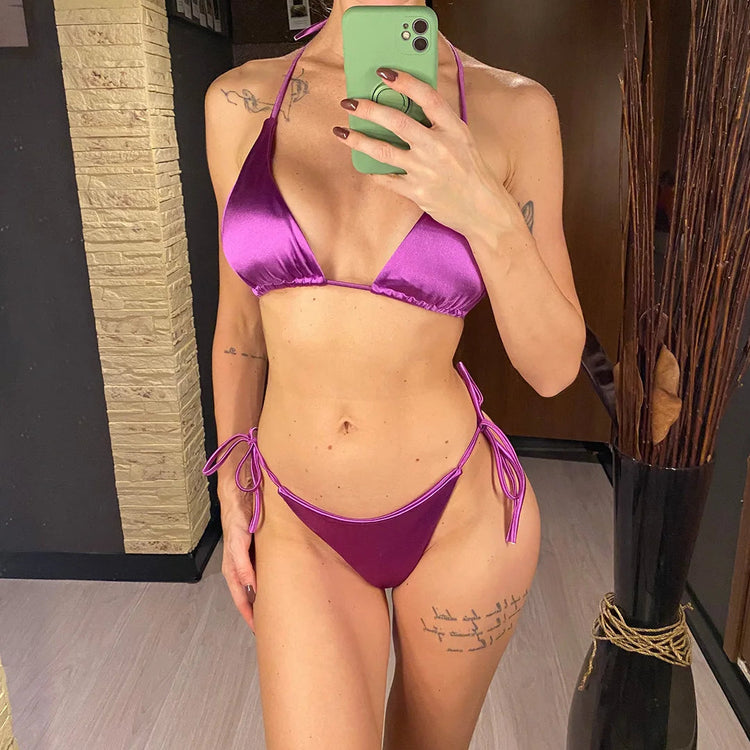 Sexy 13 colori Halter Satin Bikini brasiliano Donna Costumi da bagno Costume da bagno femminile Bikini a due pezzi Bagnante Costume da bagno Swim V4966 platinumshop