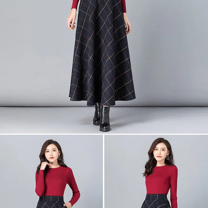 New Women Thick Woolen Skirt Autumn Winter Fashion Elastic High Waist A-Line Long Plaid Skirt Elegant Easy Match Wool Skirt PlatiNum