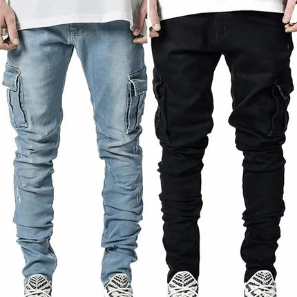 Street Elastic Jeans Men Denim Cargo Pants Wash Solid Color Multi Pockets Casual Mid Waist Trousers Slim Fit Daily Wear Joggers PlatiNum