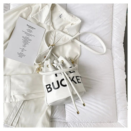Spring New Fashion Letter PU Leather Bucket Bag Women Simple City Style Shoulder Handbag Trendy Crossbody Satchel Handbag PlatiNum