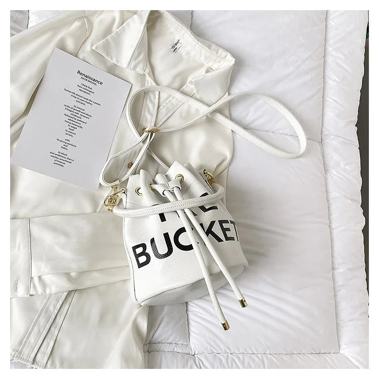 Spring New Fashion Letter PU Leather Bucket Bag Women Simple City Style Shoulder Handbag Trendy Crossbody Satchel Handbag PlatiNum