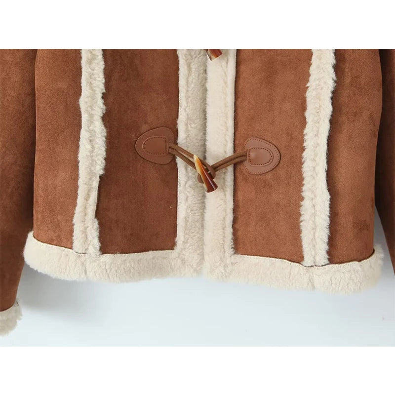  YENKYE Retro Horn Button Faux Suede Lambswool Jacket Coat For Women Lapel Collar Long Sleeve Autumn Winter Warm Outerwear