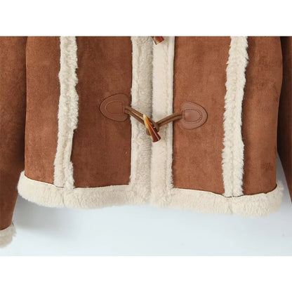  YENKYE Retro Horn Button Faux Suede Lambswool Jacket Coat For Women Lapel Collar Long Sleeve Autumn Winter Warm Outerwear