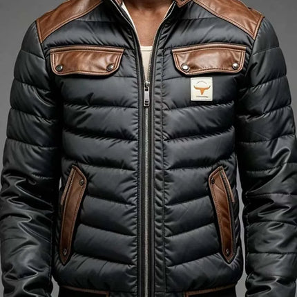 Men Winter Quilted Bomber Jacket Faux Leather Spliced Stand Collar Windproof Warm Coat Male Vintage Cowboy Badge Casual Outerwea