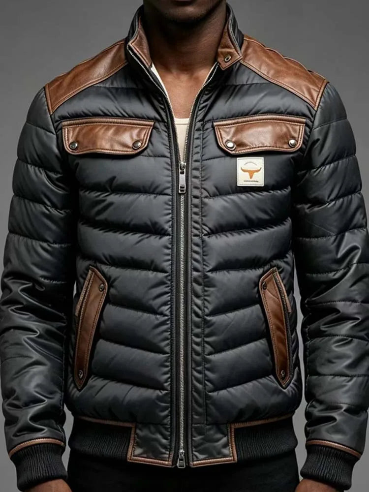 Men Winter Quilted Bomber Jacket Faux Leather Spliced Stand Collar Windproof Warm Coat Male Vintage Cowboy Badge Casual Outerwea