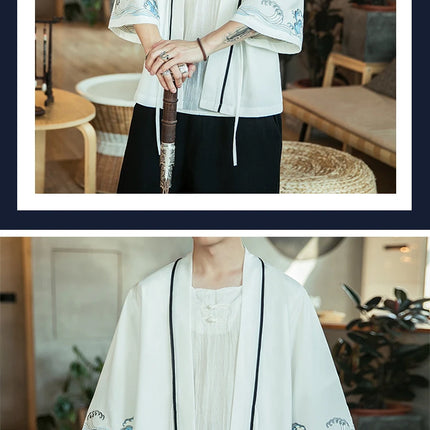 Japan Samurai Shirt uomo ricamato Kimono giapponese manica corta Cardigan uomo estate sottile moda Casual Yukata Cardigan Top uomo