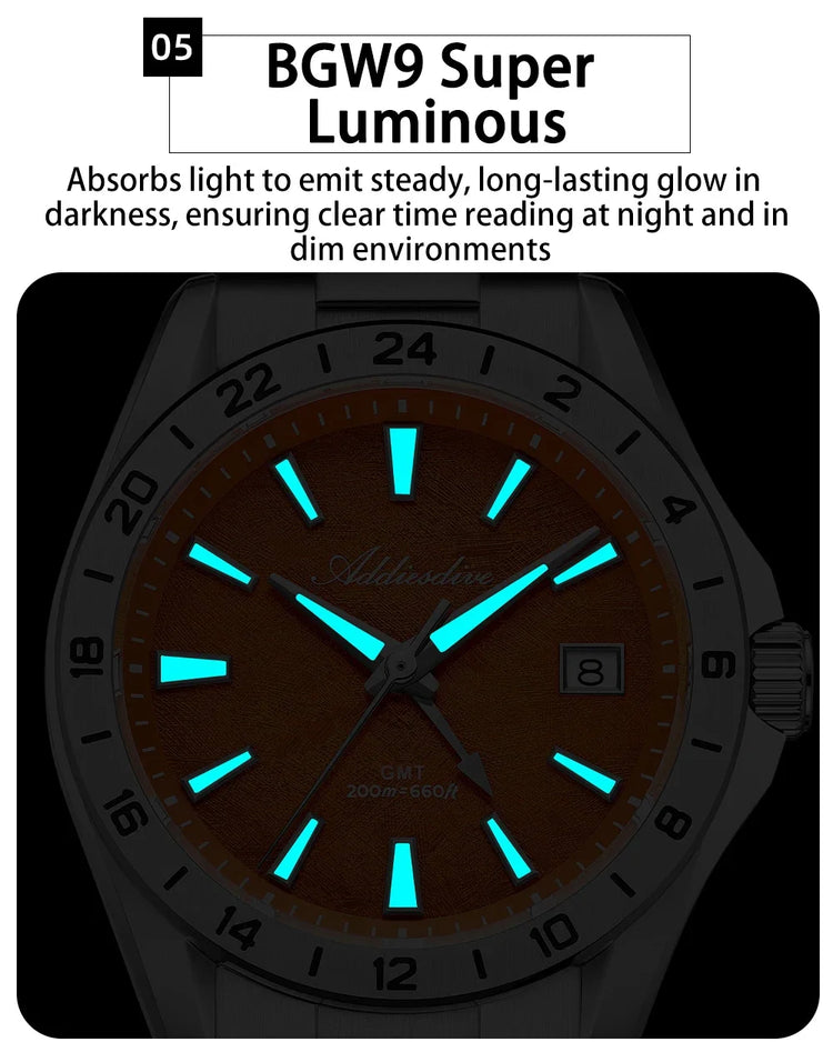 ADDIESDIVE Luxury Swiss Ronda GMT Watch 200M Water Resistant Dual Time Zone BGW9 Luminous 38mm Stainless Steel Quartz Movement