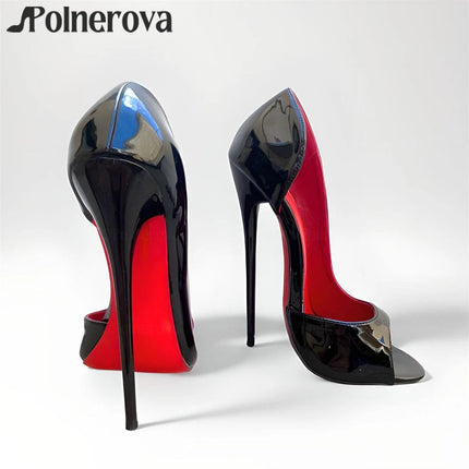 Décolleté peep toe da 16 cm Scarpe da donna sexy con tacco alto in pelle verniciata nera Fodera rossa Tacchi a spillo moda Personalizzazione fatta a mano platinumshop