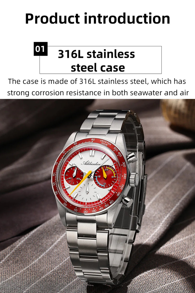 ADDIESDIVE 37mm Watch For Men Chronograph 10Bar Diver BGW9 Luminous Bubble Mirror Glass AD2539 Aluminum Ring VK63 Quartz Watches