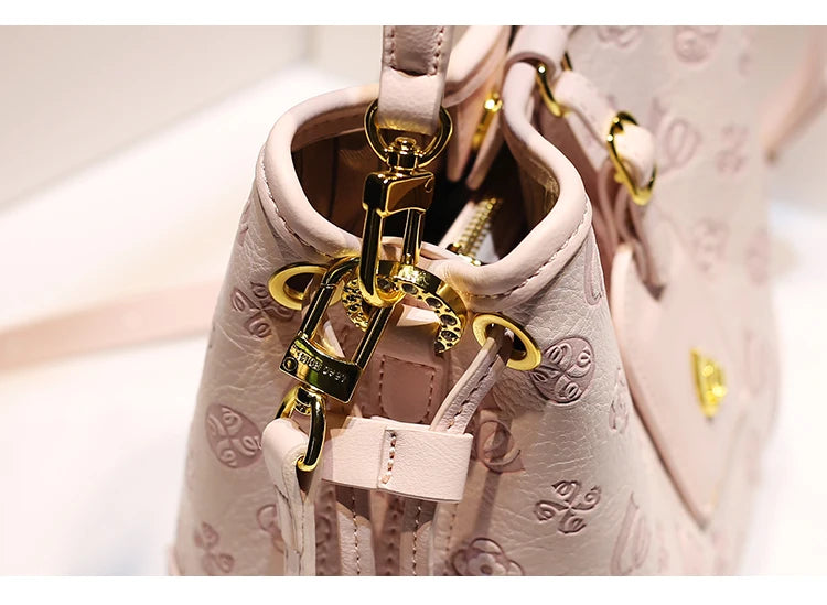 2024 borsa a secchiello portatile in pelle dolce e di lusso con stampa floreale delicata e sciarpe bella borsa a tracolla da donna