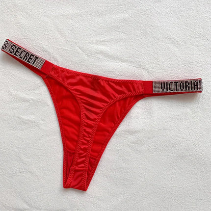 Satin Letter Rhinestone G-String Women Underwear Sexy Lace Lingerie Low Waist Seamless Panties Panties