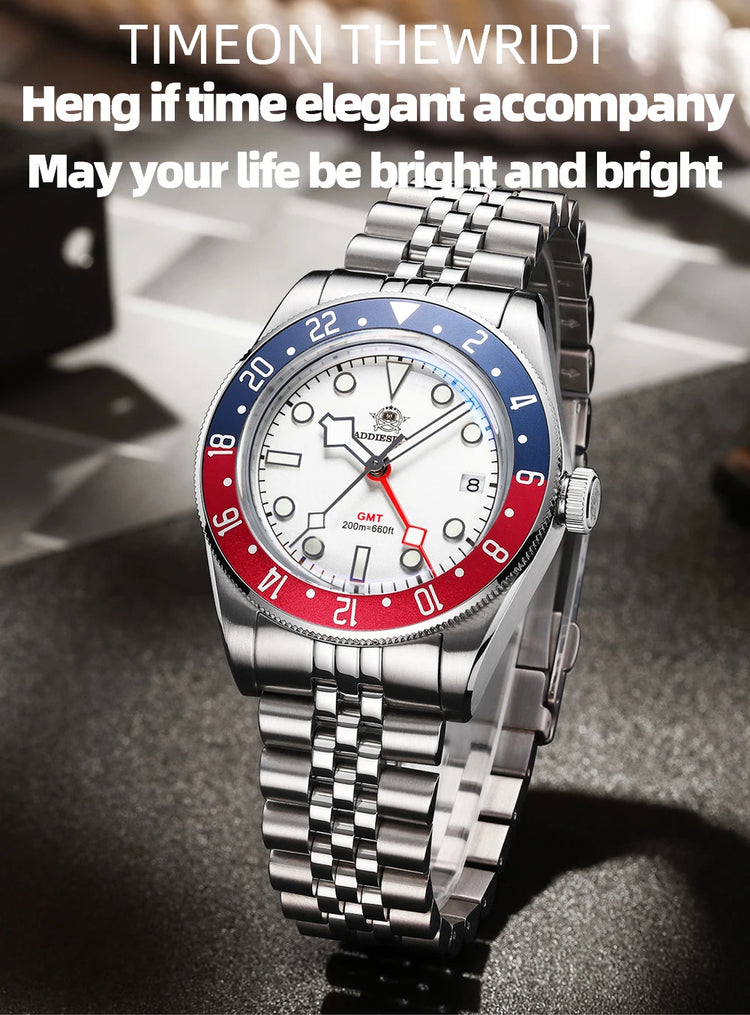 ADDIESDIVE New GMT Watch For Men Gift Bubber Glass AR Coating 200m Waterproof Diving BGW9 Luminous Date Sport Business Wristwatc