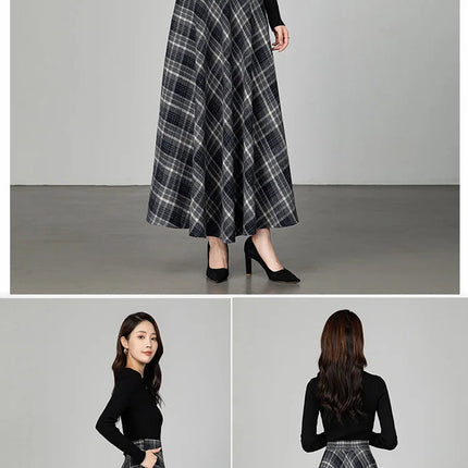New Women Thick Woolen Skirt Autumn Winter Fashion Elastic High Waist A-Line Long Plaid Skirt Elegant Easy Match Wool Skirt PlatiNum