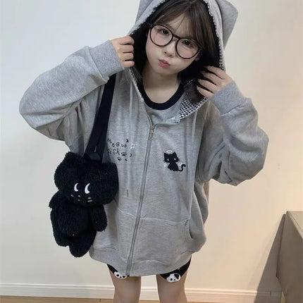 Zipper Hoodie Gothic Cartoon Kawaii Cat Ear Y2k Jacket Zip Up Thin Coat Spring Autumn Cute Core 2000s Clothes Fall Sweatshirts