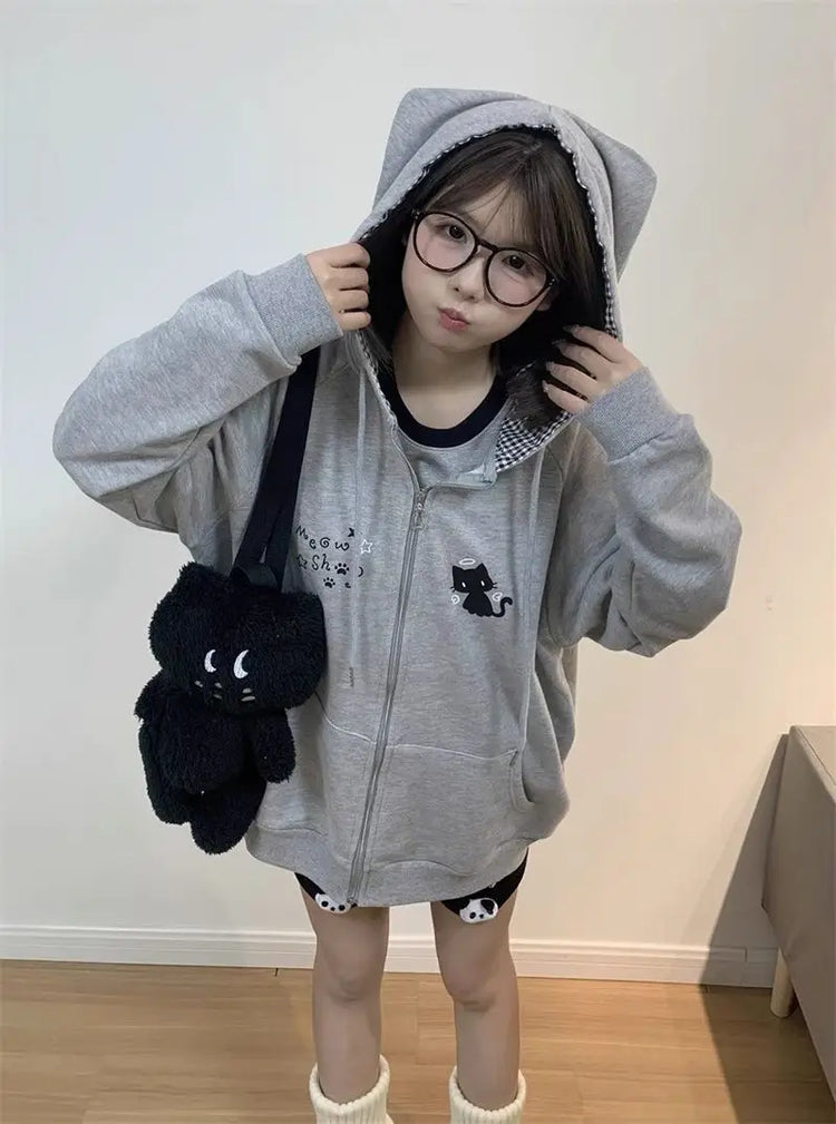 Zipper Hoodie Gothic Cartoon Kawaii Cat Ear Y2k Jacket Zip Up Thin Coat Spring Autumn Cute Core 2000s Clothes Fall Sweatshirts