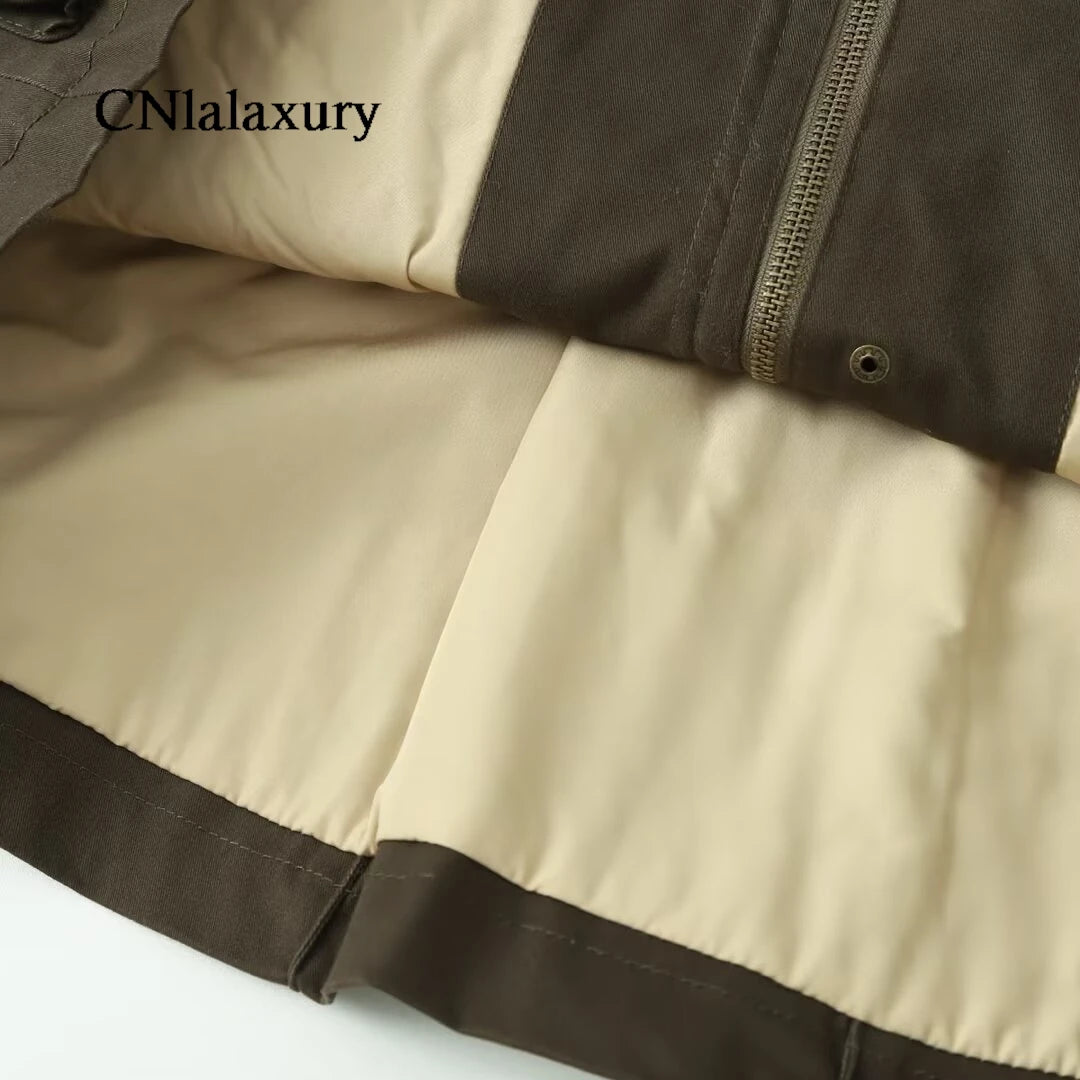 CNlalaxury Women 2025 Autumn New Fashion Contrast Collar Long Sleeve Jacket Casual Warm Coat High Street Outerwear Mujer