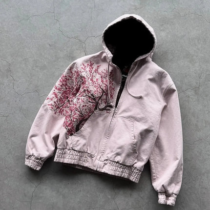 Harajuku American Retro Sakura Embroidery Pink Hoodie Y2K Jacket Men Women Oversized Gothic Streetwear Casual Fashion Outerwear