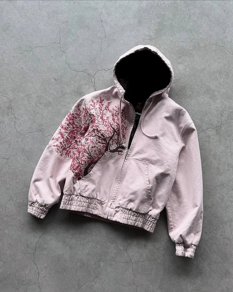 Harajuku American Retro Sakura Embroidery Pink Hoodie Y2K Jacket Men Women Oversized Gothic Streetwear Casual Fashion Outerwear