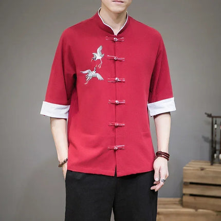 Camicie con ricamo gru Abbigliamento tradizionale cinese vintage Mezza manica da uomo in lino Solido colletto Madarin Cardigan Hanfu Kungfu