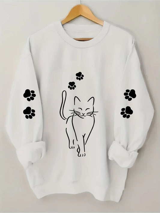 Kawaii Cat Pattern Printing Sweatshirt Women Fleece Long Sleeve Sportswears Fashion Warm Basic Tracksuitvintage Crew Neck Top