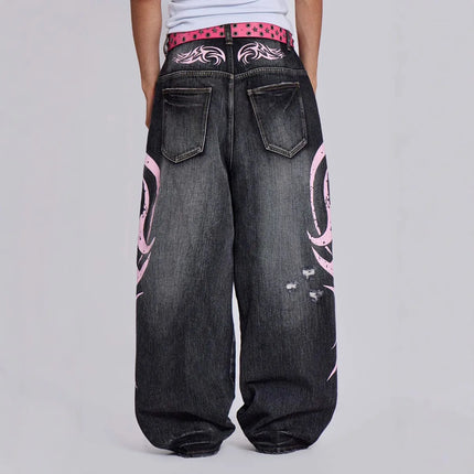 Women's Denim Jeans Wide Leg Long Pants High Waist Straight Hole Pants Y2k Streetwear Print Mom Jeans Casual Loose 2025