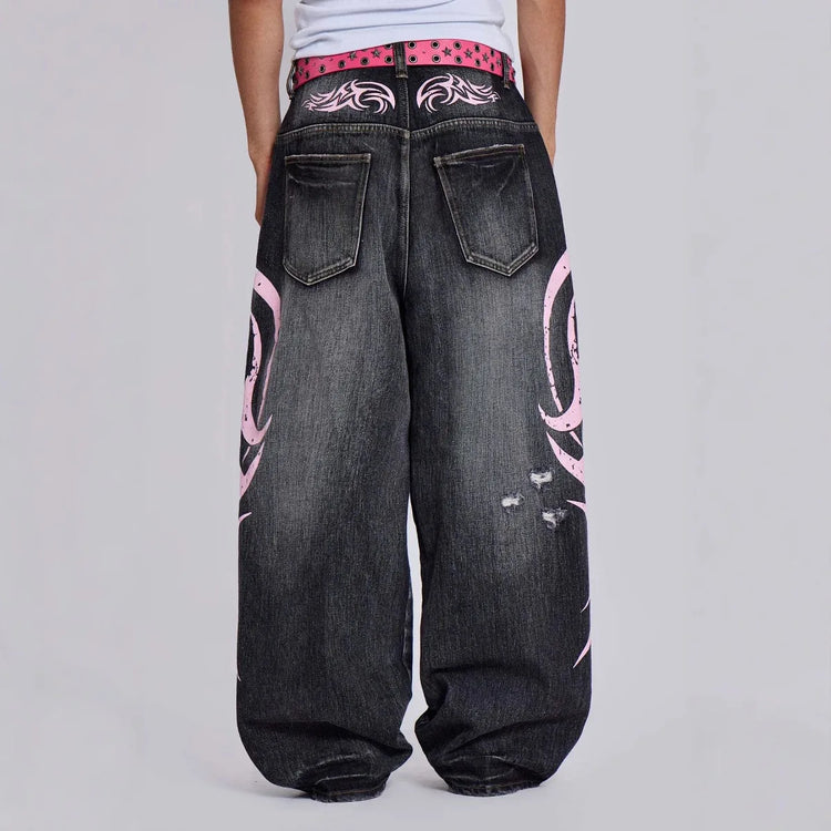 Pantaloni in denim Jeans da donna Pantaloni lunghi a gamba larga Pantaloni dritti a vita alta con foro Y2k Streetwear Stampa Jeans mamma Casual Allentati 2025