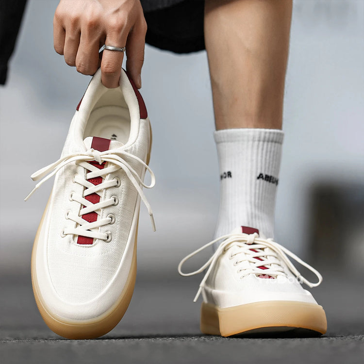 Men's Linen Canvas Platform Sneakers, Breathable Low‑Top Casual Skate Shoes, Retro Contrast Tan Trim Design, Soft Cushioned Thic