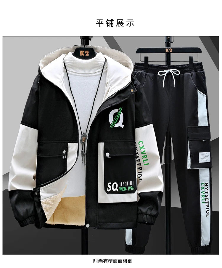 Winter Outfits Men Thick Warm Tracksuit Set Men Fashion Clothing SportswearJacket Pants 2 Piece Fleece Lined Sets