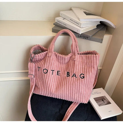 Large Capacity Striped Velvet Handbag Shoulder Bag for Woman Handbags Crossbody Bags, Versatile Letter Corduroy Women's Tote Bag PlatiNum