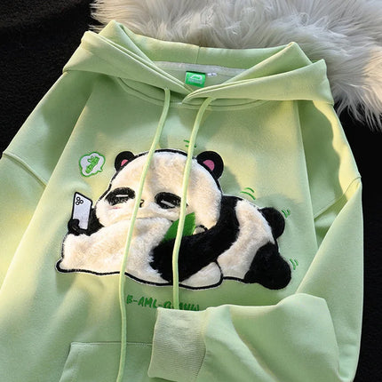 Winter Thicken Hoodies Chinese Flocking Embroidery Kawaii Cartoon Panda Hooded Sweatshirt Couple Matching Cute Fleece Pullovers