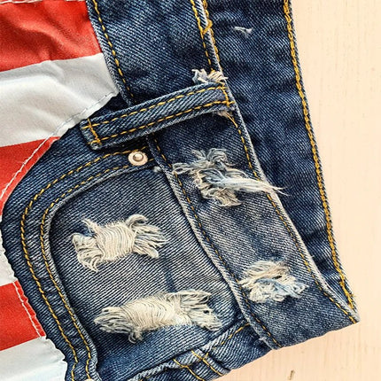 Shorts in denim da donna con stampa bandiera americana a stelle e strisce, finitura effetto invecchiato, Jean Shorts - platinumshop