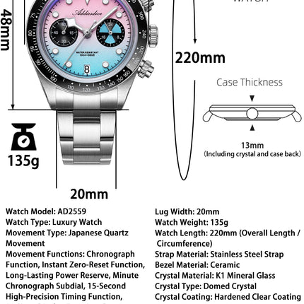 ADDIESDIVE 40mm Quartz Men's Watch AD2559 316L Stainless Steel 100M Water Resistant BGW9 Super Luminous Chronograph