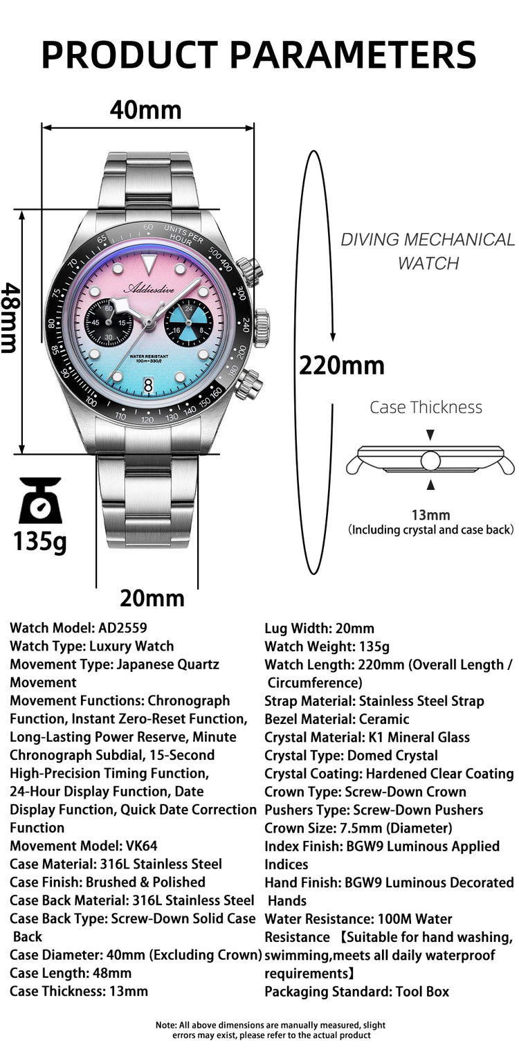 ADDIESDIVE 40mm Quartz Men's Watch AD2559 316L Stainless Steel 100M Water Resistant BGW9 Super Luminous Chronograph