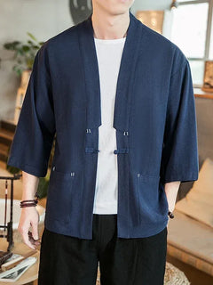 Kimono Camicia da uomo Samurai giapponese Cardigan tinta unita retrò Stile cinese Cotone Lino Yukata Haori Cappotto da uomo allentato Streetwear