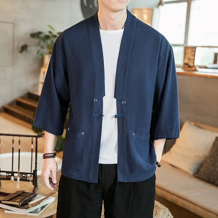 Kimono Camicia da uomo Samurai giapponese Cardigan tinta unita retrò Stile cinese Cotone Lino Yukata Haori Cappotto da uomo allentato Streetwear
