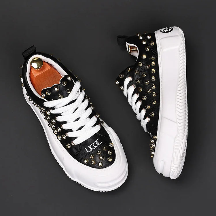 Luxury Designer Men's Punk Rivet Thick Bottom Lace Up Shoes Causal Flats Moccasins Male Rock Hip-hop Walking Sneakers