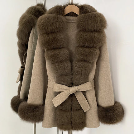 Real Fur Wool Jacket Fashion Reality Fur Jacket Women Natural Fox Fur Cuffs Winter Clothing Female Elegant with Belt Woolen Coat
