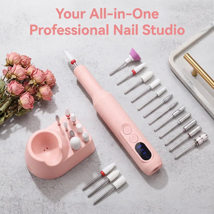 Rechargeable Electric Nail Drill Machine, Professional Nail File Kit with 11pcs Nail Drill Bits, Sanding Bands, 3 Speed Settings for Manicure & Pedicure, Pink