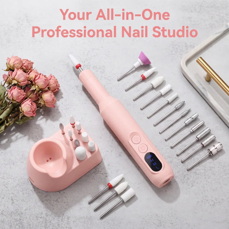 Rechargeable Electric Nail Drill Machine, Professional Nail File Kit with 11pcs Nail Drill Bits, Sanding Bands, 3 Speed Settings for Manicure & Pedicure, Pink