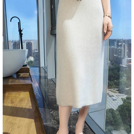 Quality Mink Cashmere Skirt Women's High Waist Slim Hip Skirt Chinese Cheongsam Knit Skirt Fashion All-Match Sweater PlatiNum
