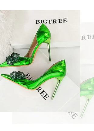 BIGTREE Scarpe con fiocco in strass Décolleté da donna Scarpe da banchetto di lusso Tacchi alti sexy Scarpe da festa con tacco a spillo da donna di grandi dimensioni 41 42 43