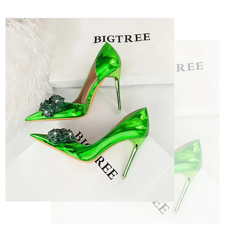 BIGTREE Scarpe con fiocco in strass Décolleté da donna Scarpe da banchetto di lusso Tacchi alti sexy Scarpe da festa con tacco a spillo da donna di grandi dimensioni 41 42 43