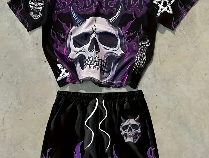 Hot Sale Men's Skull Letter Print Comfy Breathable Crew Neck T-Shirt Shorts Set Fashion Outdoor Outfit