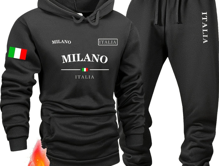 Italy pattern Men's Hoodie and Bundled pants set fleece Autumn winter two-piece set top bottom sets windproof Warm Cotton suit PlatiNum
