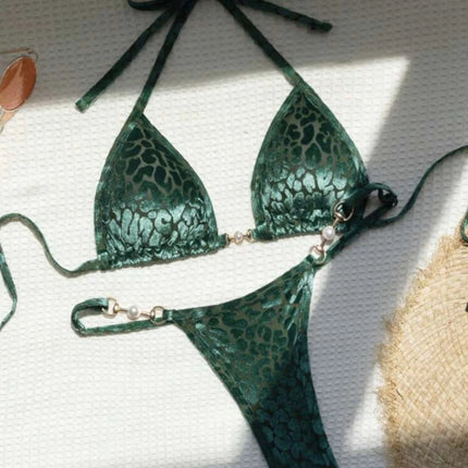 Micro Bikini Rosa Lucido da Donna, Sexy con Perle in PU, Push-Up, Perizoma, Costume da Bagno Estivo, con Lacci, per Vacanze PlatiNum