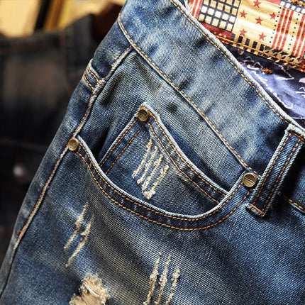 Men Ripped Short Jeans Summer Cotton Knee Length Shorts Breathable Vintage Denim Pants Painted Graffiti Streetwear Cargo Jeans PlatiNum