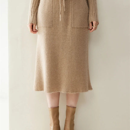 2025 Quality Woman 100% Cashmere Knitwear Thick Basic Skirts Autumn Winter Sexy Long A-Line Drawstring Vertical Stripe  Clothing PlatiNum