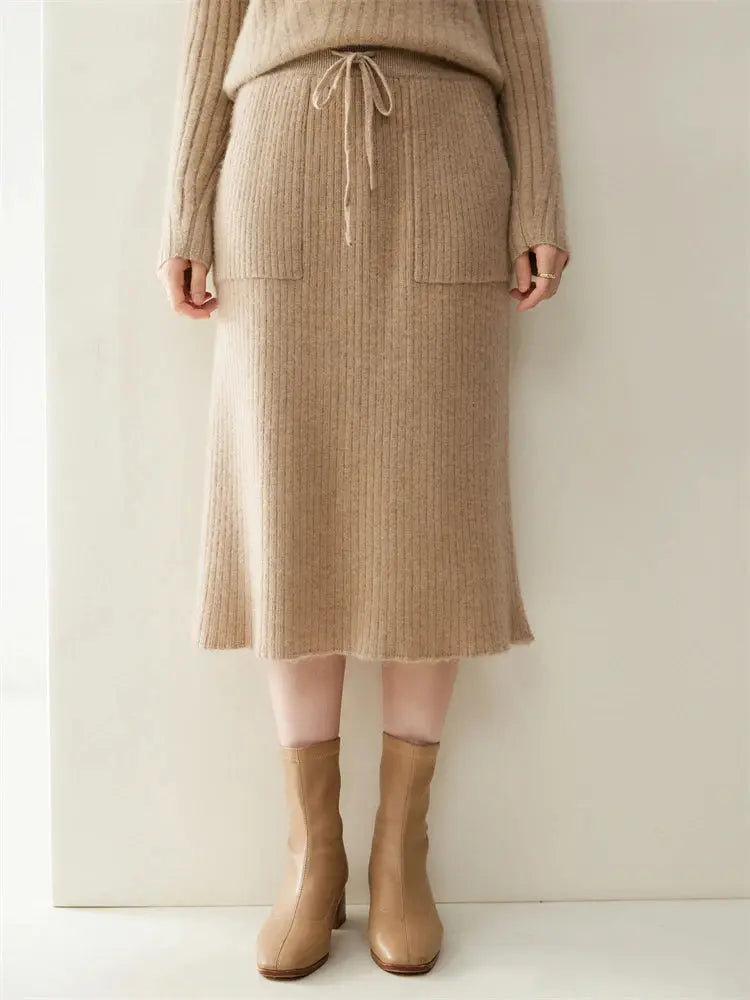 2025 Quality Woman 100% Cashmere Knitwear Thick Basic Skirts Autumn Winter Sexy Long A-Line Drawstring Vertical Stripe  Clothing PlatiNum