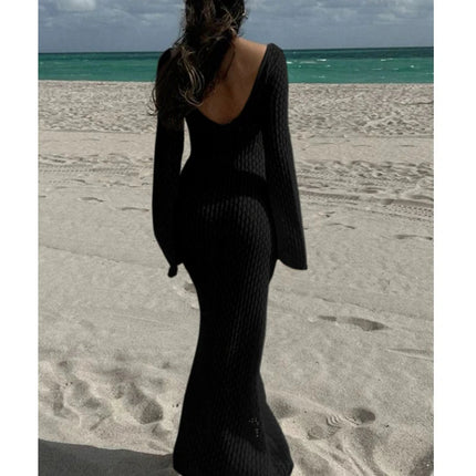 Nuovo stile lavorato a maglia scava fuori scollo a V abito a maniche lunghe da donna vacanza al mare bikini senza schienale copricostume protezione solare abito lungo platinumshop